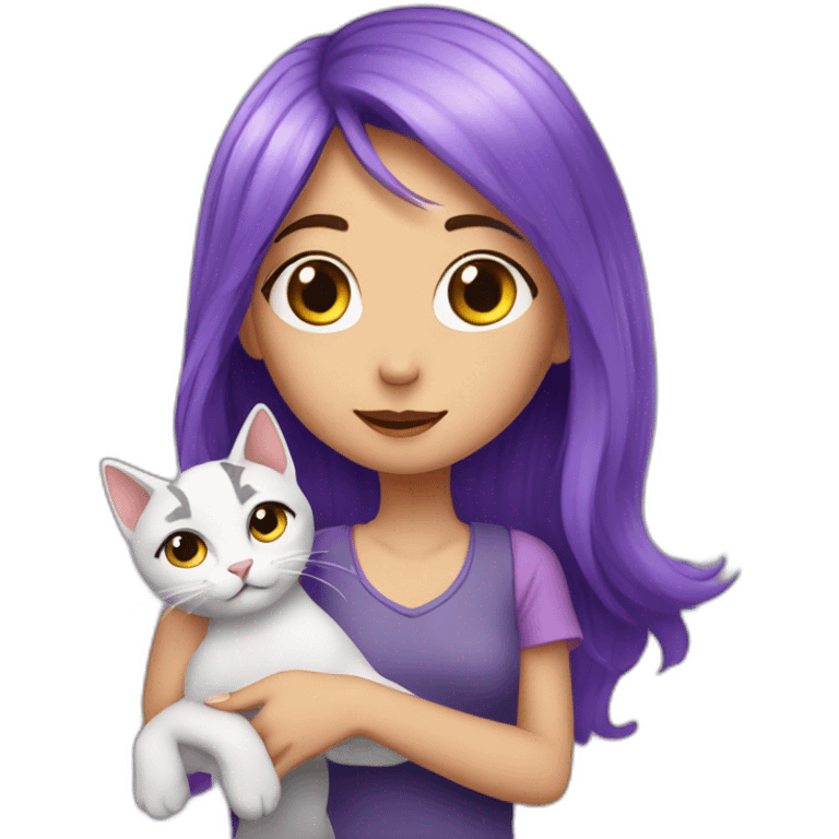 A girl with purple hair and a cat is petting her emoji