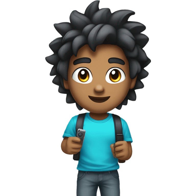 Brown-skinned boy wearing cyan headphones, blue t-shirt, with black hair lifted like a Saiyan, holding a video game controller, looking straight ahead. emoji