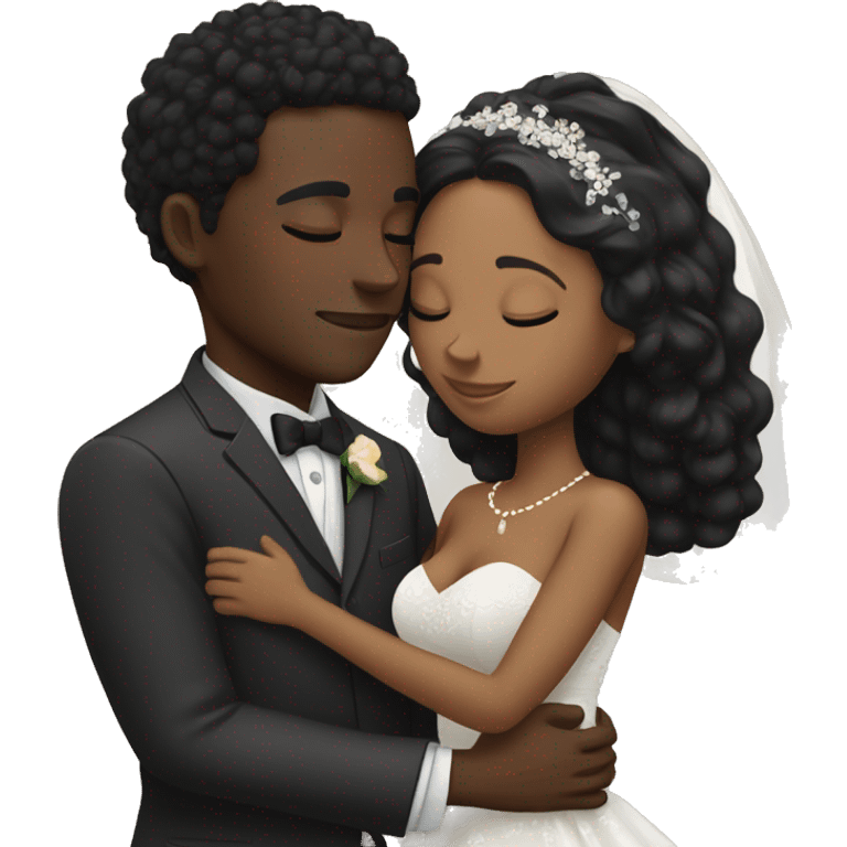 African Bride and Groom. Brown skin. Black long curly hair. Short black haircut. Hugging each other. Eyes closed. emoji