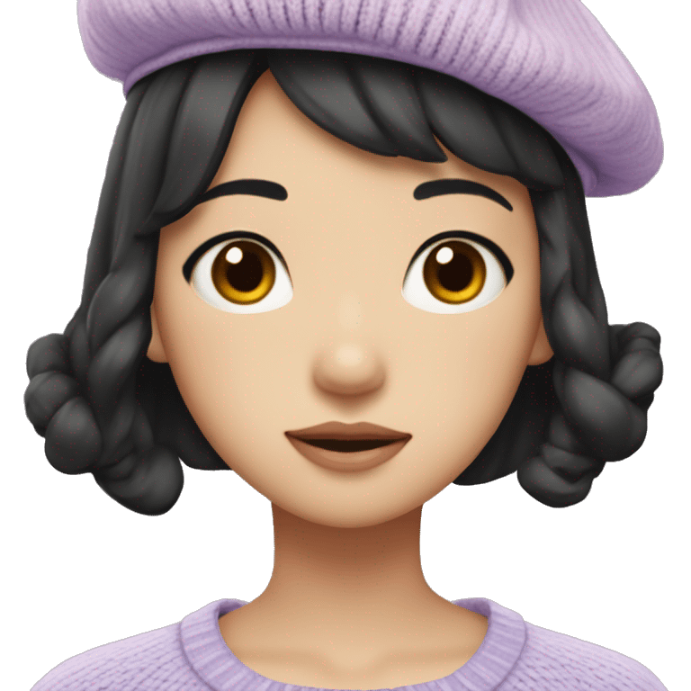 korean girl short black hair sharp jawline, attractive wearing a lilac sweater and beret and bow emoji