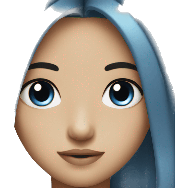 Girl with brown and blue hair with eyeliner like asian emoji