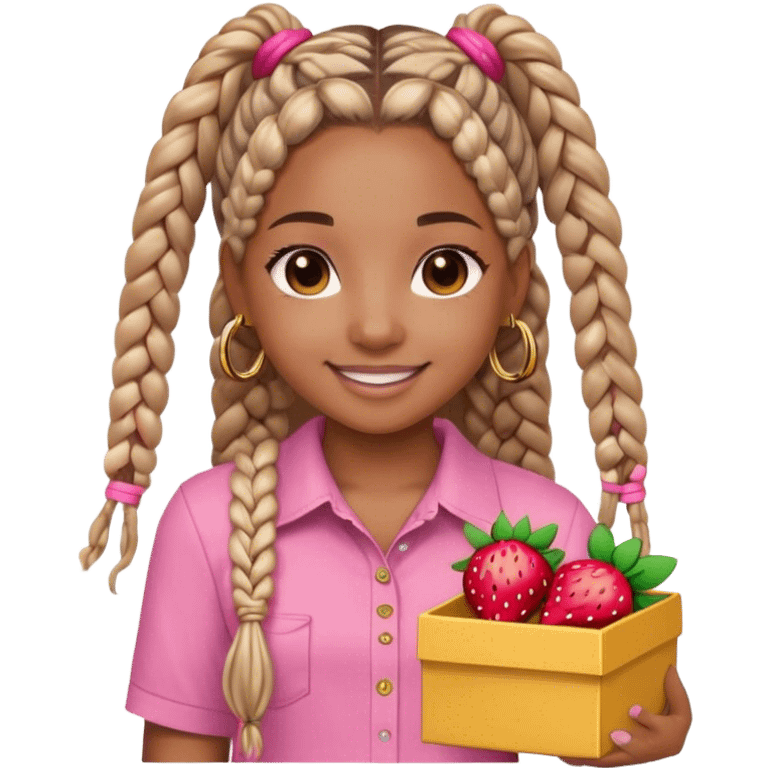 a girl named samaya with light brown, skin box braids, brown eyes, pink shirt, that has a strawberry on it small gold hoop earrings, emoji