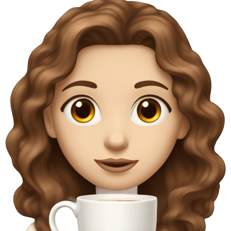 Chestnut brown haired wavy haired girl with hazel eyes and pale skin sipping coffee  emoji