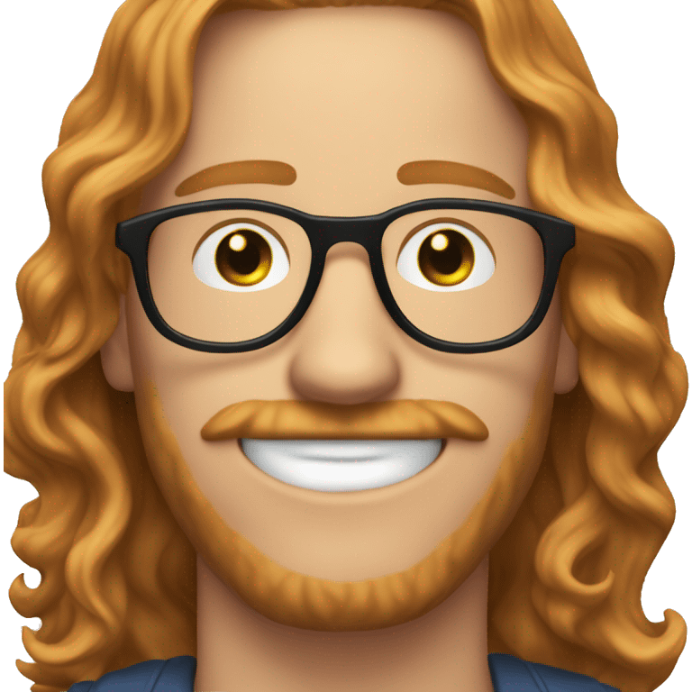 30 years old guy, with round glasses, blue eyes, long wavy hair ginger, moustache circular glasses emoji