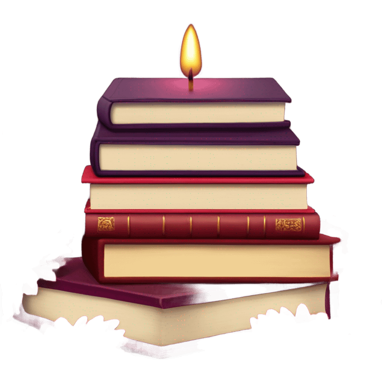 A maroon book stack adorned with ruby-red chrysanthemums and a candle emoji