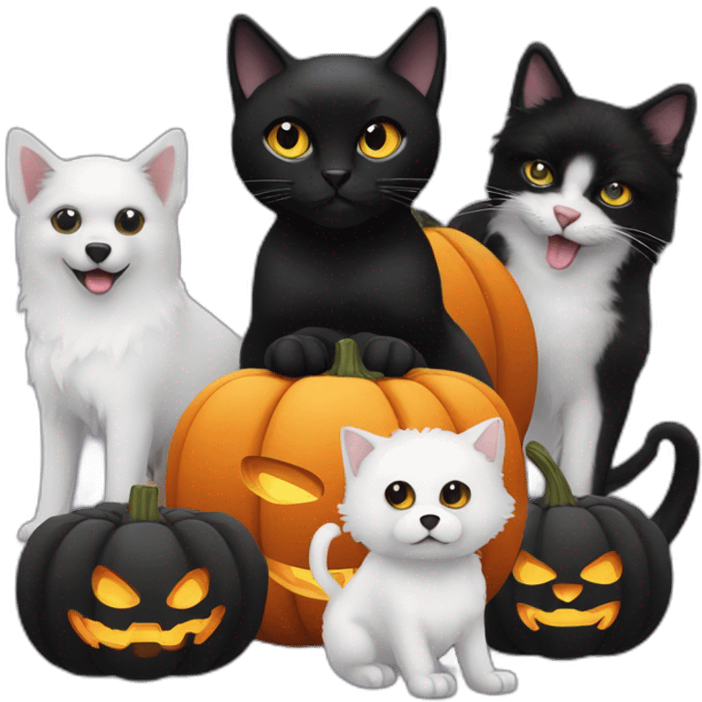 Black cat, two white dogs, an Halloween pumpkin and Elvira emoji