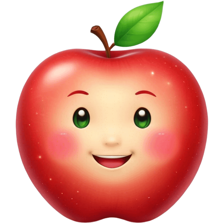 Cute Kawaii Apple, round and plump, bright shiny red with a tiny green leaf, chubby cheeks, sparkling eyes, a happy smile, soft glowing highlights, radiating fresh sweetness! emoji