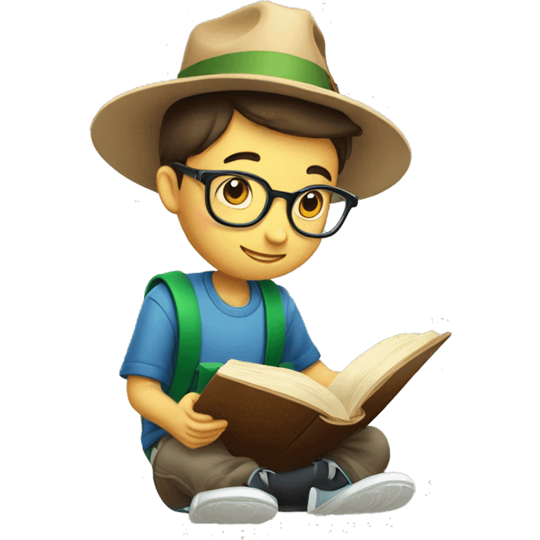 a smart boy reading book with graducation hat emoji