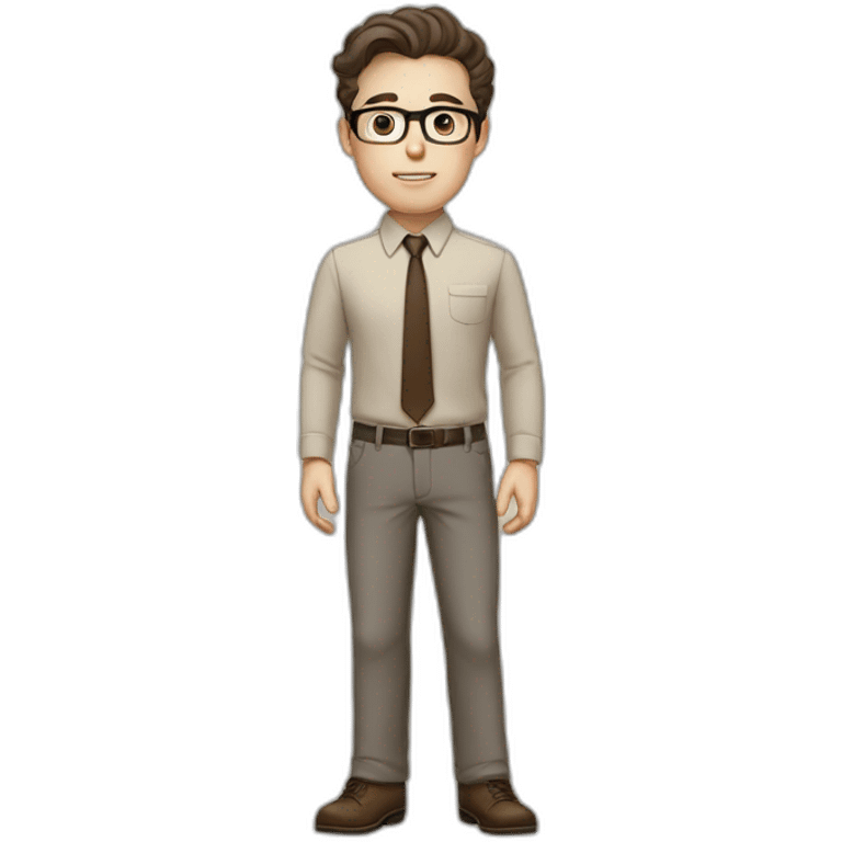 Full height Pale skinned fit man with dark brown hair in gray jacket, beige office shirt, brown tie, brown pants and vintage glasses. His right hand stretched out emoji