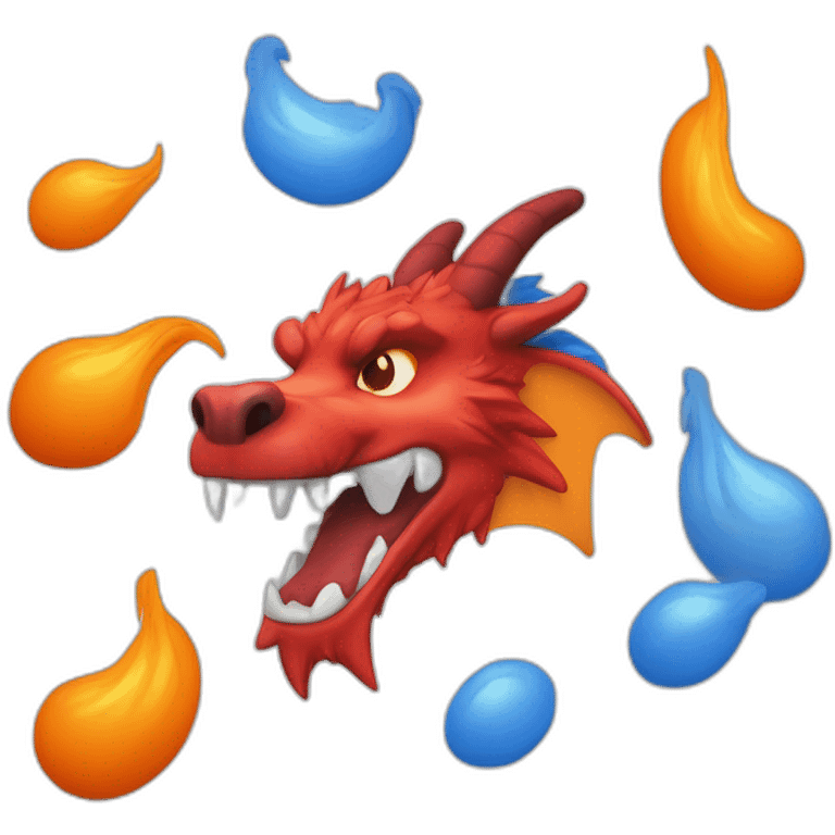 Un dragon mi loup de couleur rouge, bleu, blanc et orange moutardes, avec des corne orange moutard. Il qui crache du feux emoji