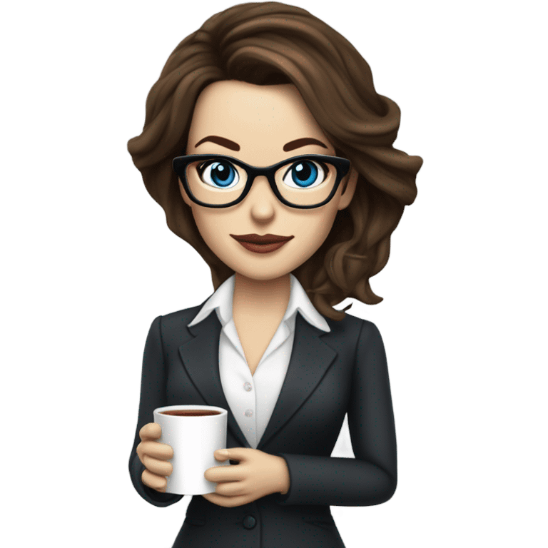 Realistic Kate Beckinsale blue eyes wearing glasses in a business dress drinking a cup of tea  emoji