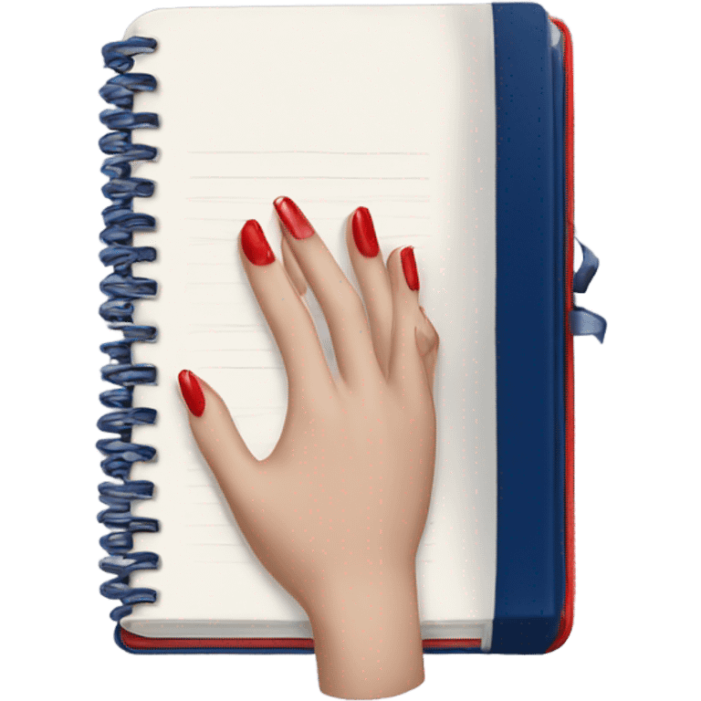 a hand with a red manicure holds a dark blue diary emoji