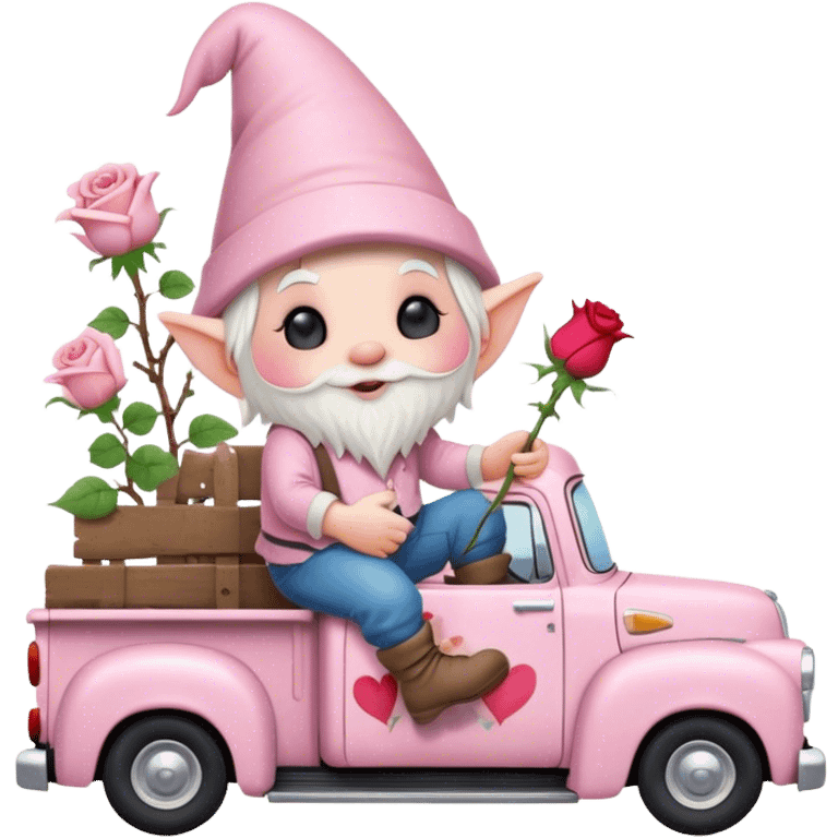 An adorable little pale pink Valentine’s Day style gnome with a rose and hearts in the background riding in the back of a beat up old pick up truck emoji