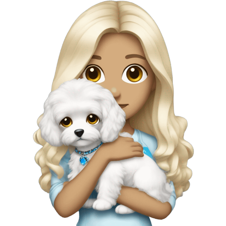 Cute long haired Blonde nightclub outfit girl with blue eyes and holding white cavachon dog emoji