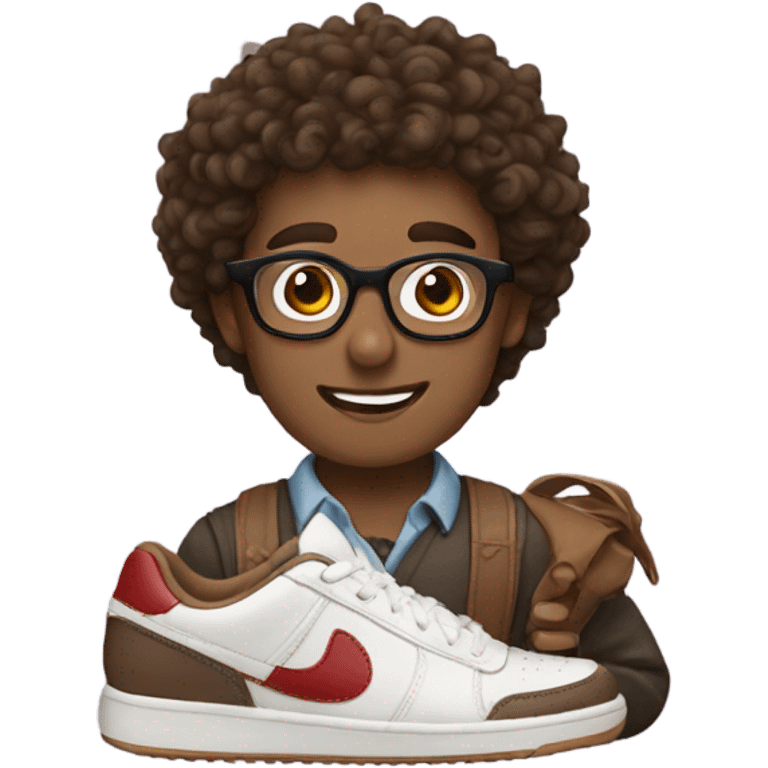 nerd with brow eyes and brown curly hair kissing his girlfriend shoes emoji