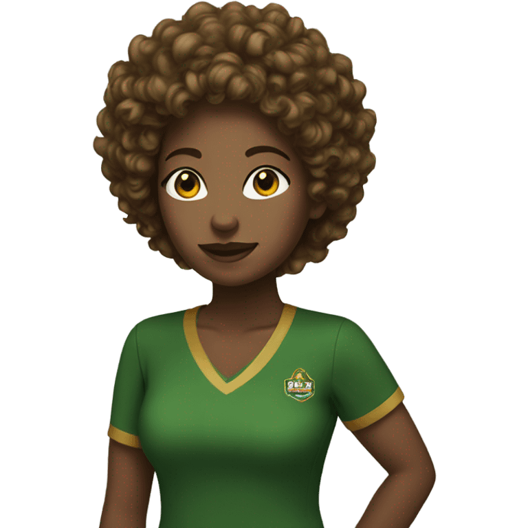 Black lady in NSU green and gold shirt and short brown curly hair emoji