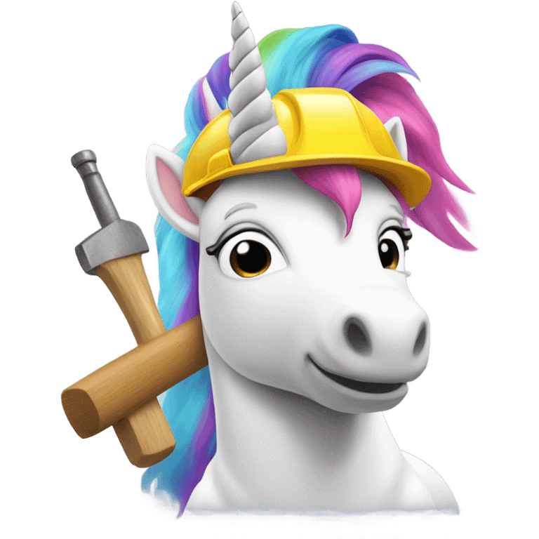 white unicorn with rainbow hair wearing a construction worker hat and holding a hammer emoji