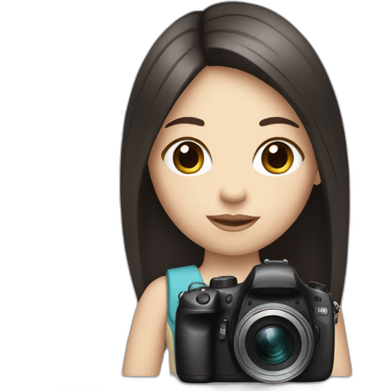 A white girl with straight dark hair, holding a camera emoji