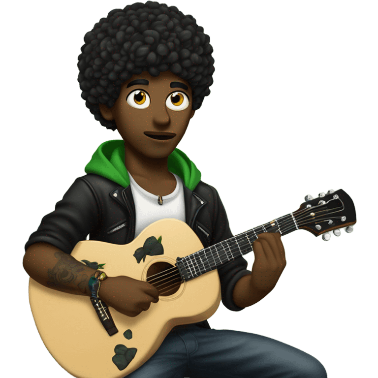 Un chico de cabello negro, con ojos verdes, piercing en la nariz y labio. Con una guitarra en mano de color negra. Tiene tatuajes en los brazos.  emoji