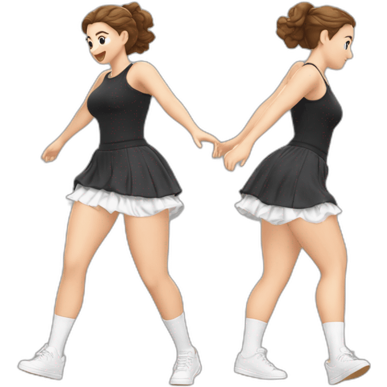 alistic-full-body-caucasian-curvy-beauty-jumping-short-black-skirt-back-and-front-views-strong-wind-white knickers-long-white-socks emoji