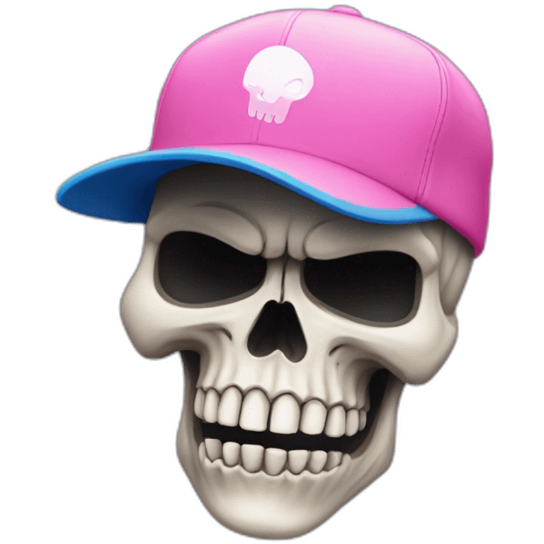 a skull looking off centre by 45 degrees. Wearing a pink baseball cap with a blue “B” motif emoji