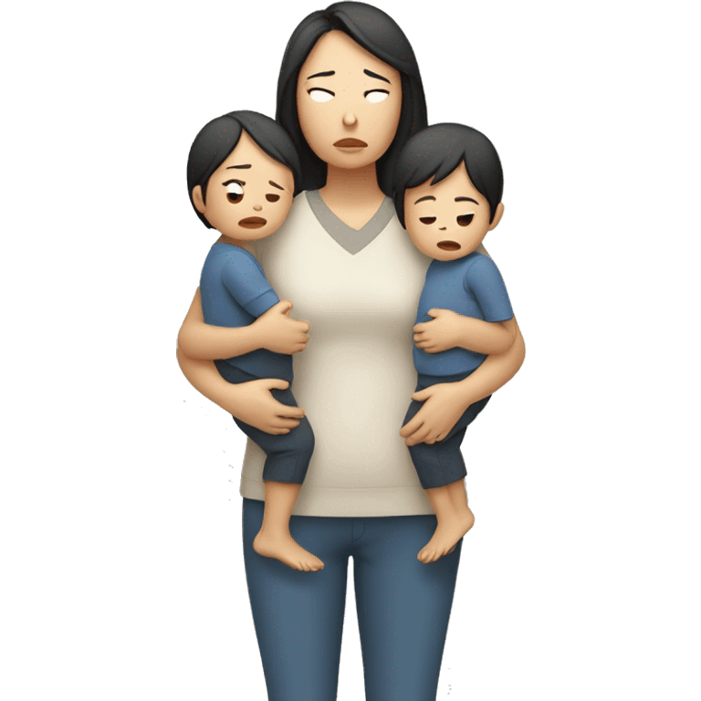 asian sad mum holding two kids, full body standing emoji