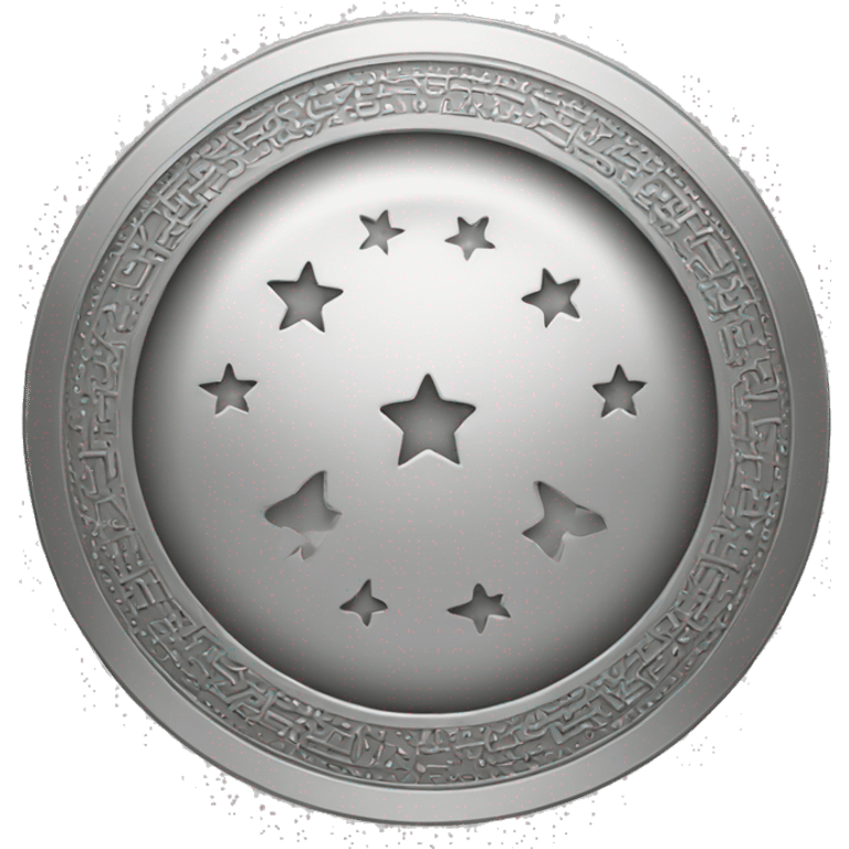 an emoticon of a silver coin with Arabic symbols in the middle and its border consists of stars emoji