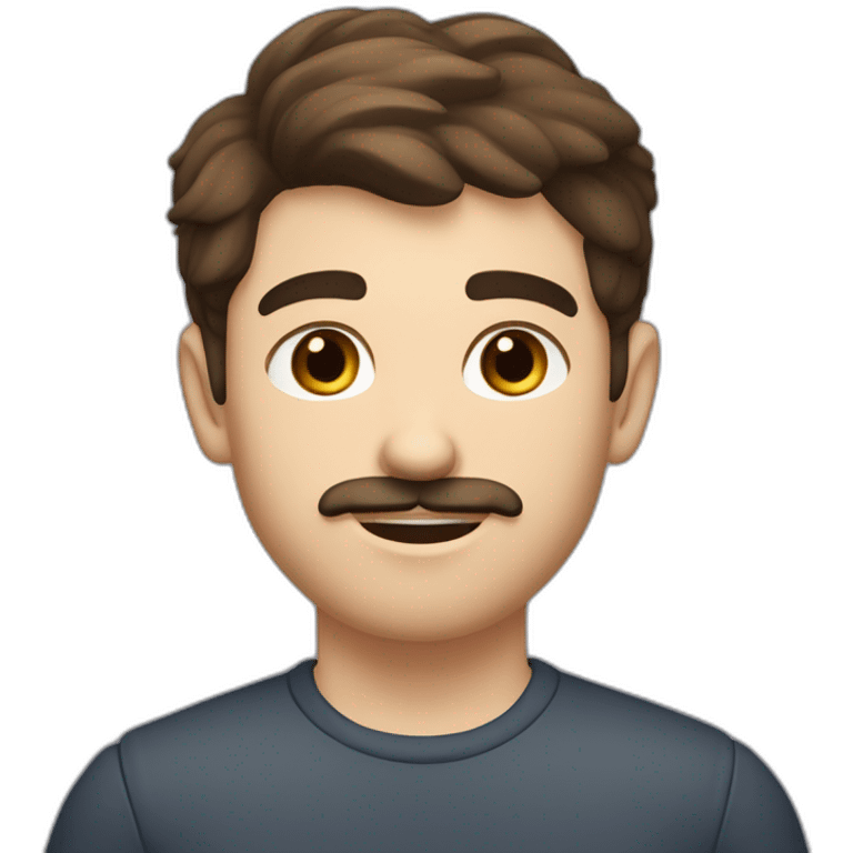 A young Caucasian man with dark brown eyes, almond-shaped eyes, short dark brown hair, and a small dark brown beard with a more prominent mustache. emoji