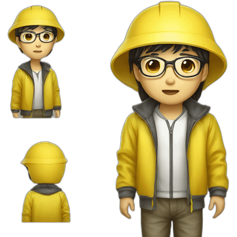 chinese boy with small eye and thick lip wearing thin metal glasses and withe safety helmet and yellow rain jacket emoji