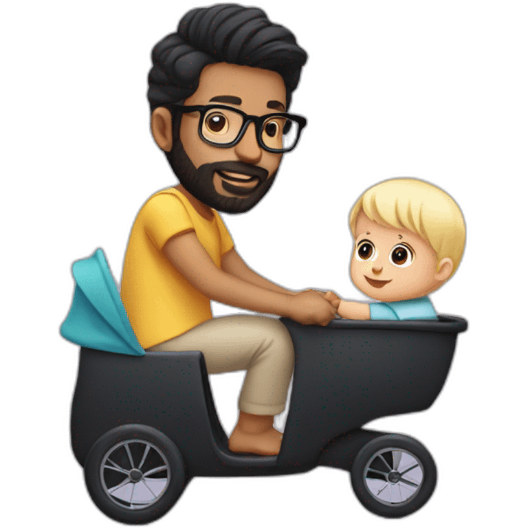 Black haired man with beard and glasses pushing buggy with blonde baby emoji