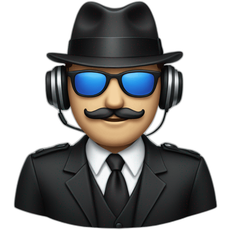 A man with a beige skin, a black suit, a tie, a fedora hat, headphones, sunglasses and a mustache emoji