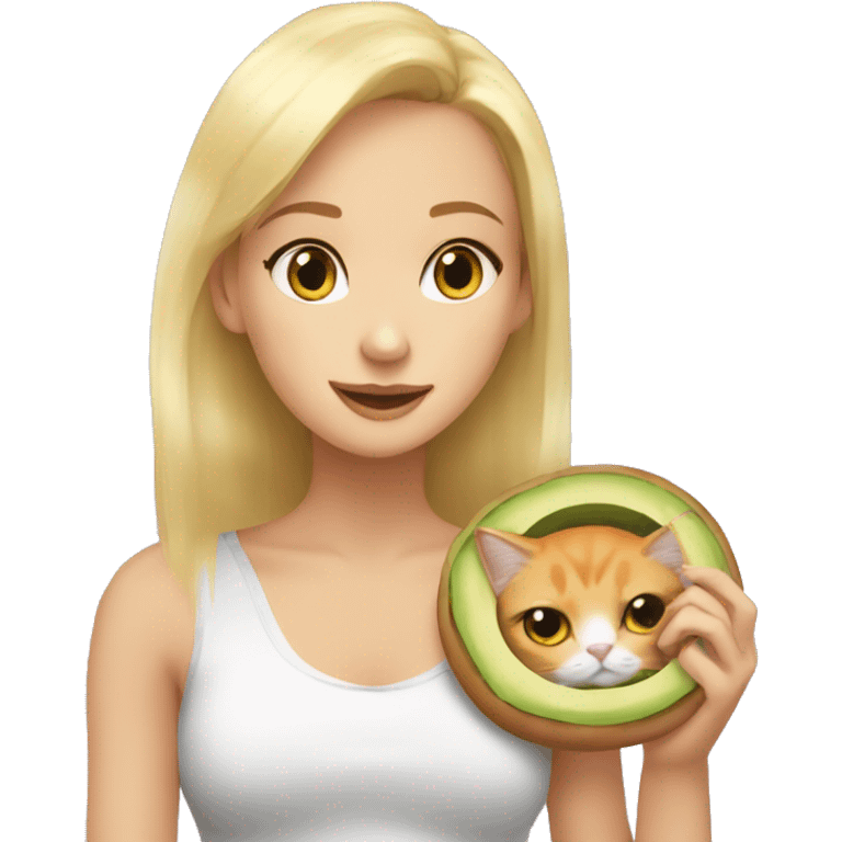 Blonde girl with grey eyes eating an avocado bagel with her orange-white cat on her sholder emoji