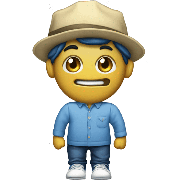 hormiga con unifrome de camisa blanca gorra azul y zapatos comodos con un celular en la emoji