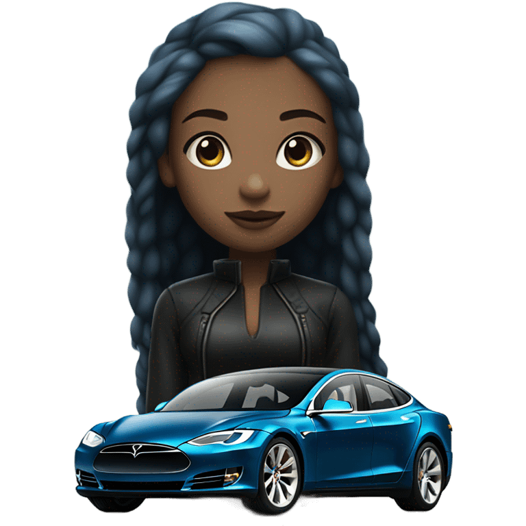 white skin girl with blue hair in black clothes standing next to tesla car emoji