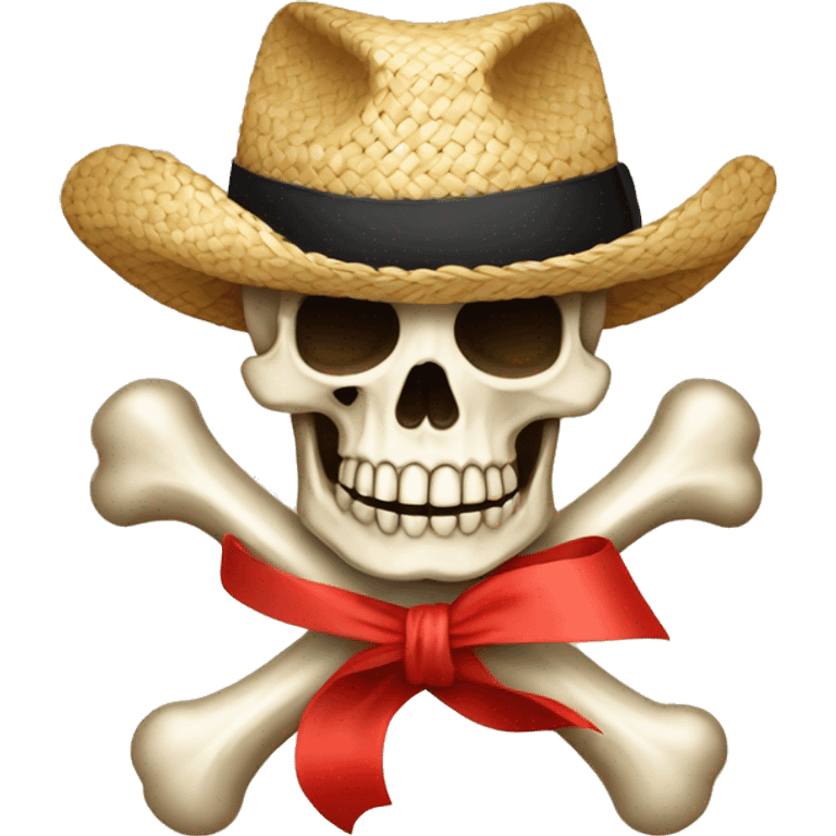 a bone-cross behind a jolly roger with a straw-hat and the ribbon of the straw hat is red emoji