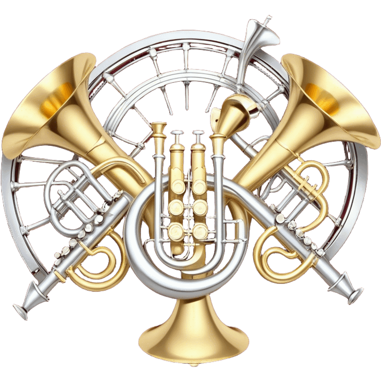 Create a festive and elegant emoji collage featuring a bouquet or fan of brass instrument bells (trumpets, saxophones, trombones, etc.) arranged in a radiant, symmetrical pattern. The instruments should have polished, golden and silver finishes, with their large, shiny bells forming a beautiful, fan-like display. Include a flowing ribbon of musical notes swirling through the center, conveying movement and melody. The background should feature a deep red velvet texture, adding a touch of luxury and sophistication. The overall composition should be balanced, with an elegant and regal feel, with a transparent background to keep focus on the instruments and musical elements. emoji