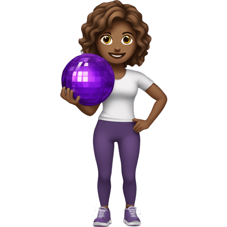 Brown hair woman holding purple disco ball and dumbbell emoji