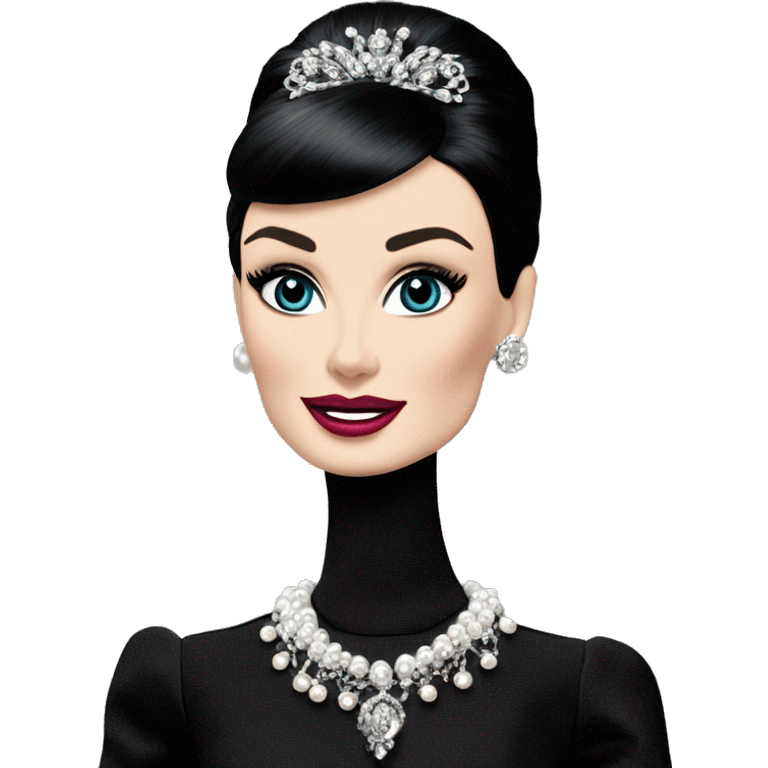 Glamorous Audrey Hepburn as Sabrina Barbie.Morticia Addams. Show full body. Embroidered long black gown jewelry gloves pearl earrings  emoji