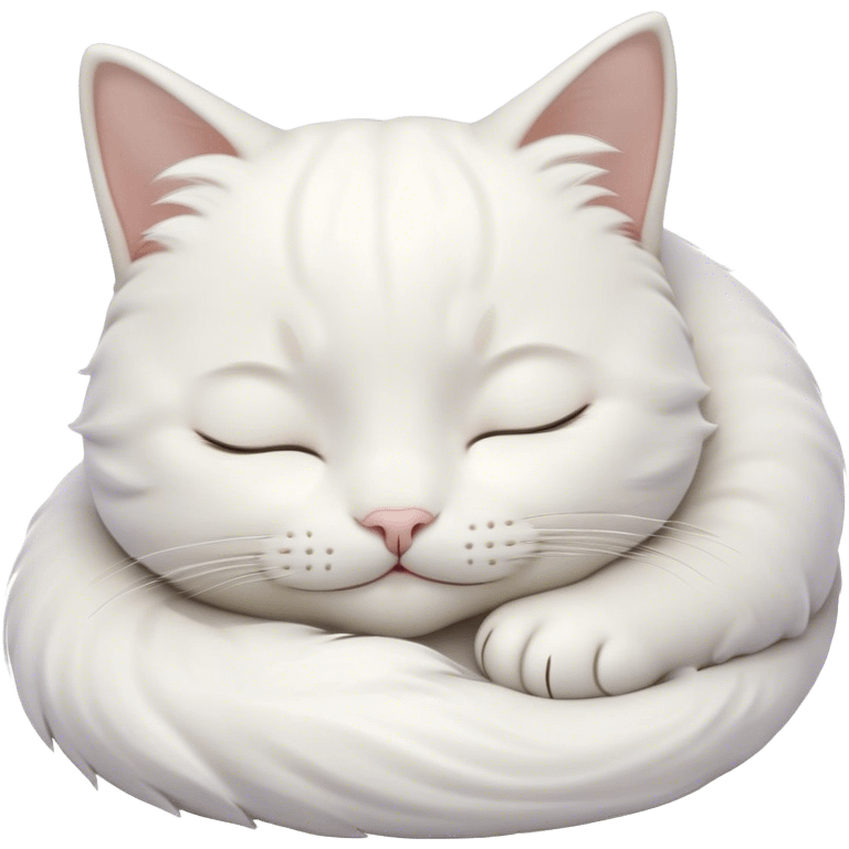 Meme-Worthy Cute Sleeping White Cat Portrait Emoji, Head peacefully tilted with a tender, contented smile and eyes gently closed in serene slumber, featuring a pristine white fur with subtle, delicate silver accents, simplified yet irresistibly adorable, highly detailed, glowing with a soft, drowsy radiance, high shine, exuding calm, heartwarming charm, styled with a gentle, soft glowing outline, capturing the essence of a sleeping white cat that seems destined to become the next viral icon of adorable repose! emoji