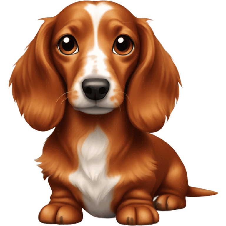 A long-haired marble dachshund stands red-haired emoji