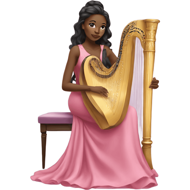 Pretty black women with long hair in a silk pink dress playing the harp sitting down emoji