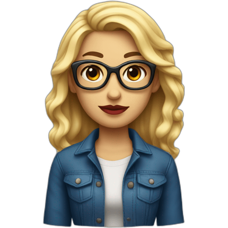 chica rubia con pelo largo ondulado, ojos azules con gafas negras y labios rojos emoji