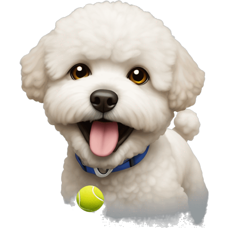 A brown bichon with a tennis ball in his mouth emoji