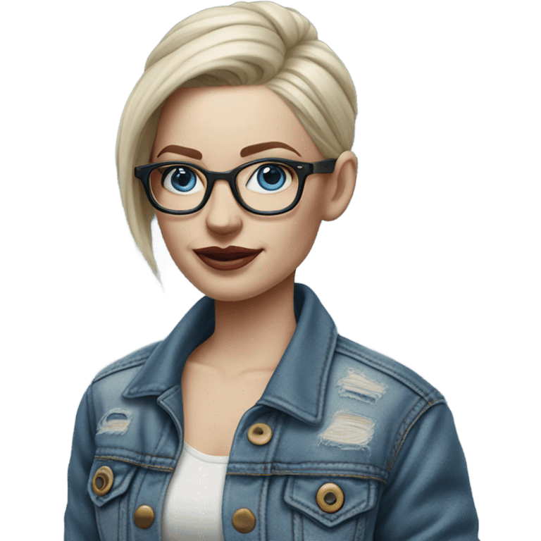 Hyper Realistic pale beautiful tattooed woman with glasses and blue eyes wearing denim jacket emoji