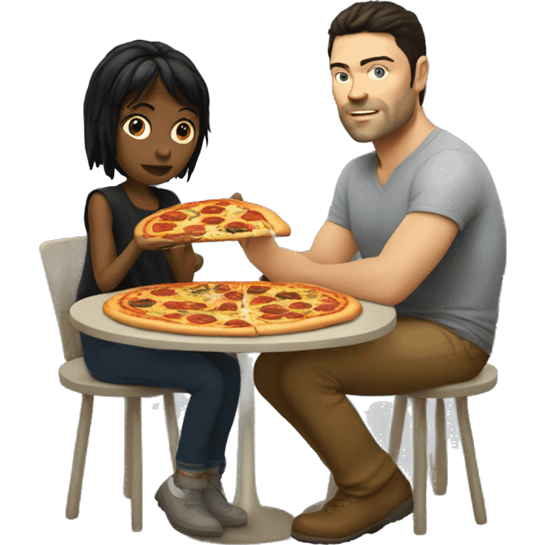 karl urban sitting at a table eating pizza with small white girl with black hair emoji