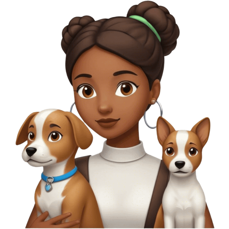 smart, 30 year old, brown African girl, back bun hairstyle, with one big white brown dog emoji