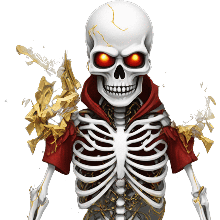 White skeleton zombie person covered in golden chains and black graffiti scribbles and red and silver doodles wings made of lightning snowing snowflakes emoji