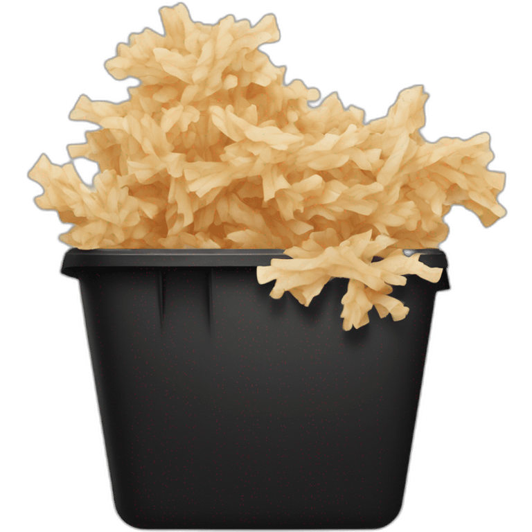 Black cubic plastic container with wood shavings inside, and a white tube with three branches at the top  emoji