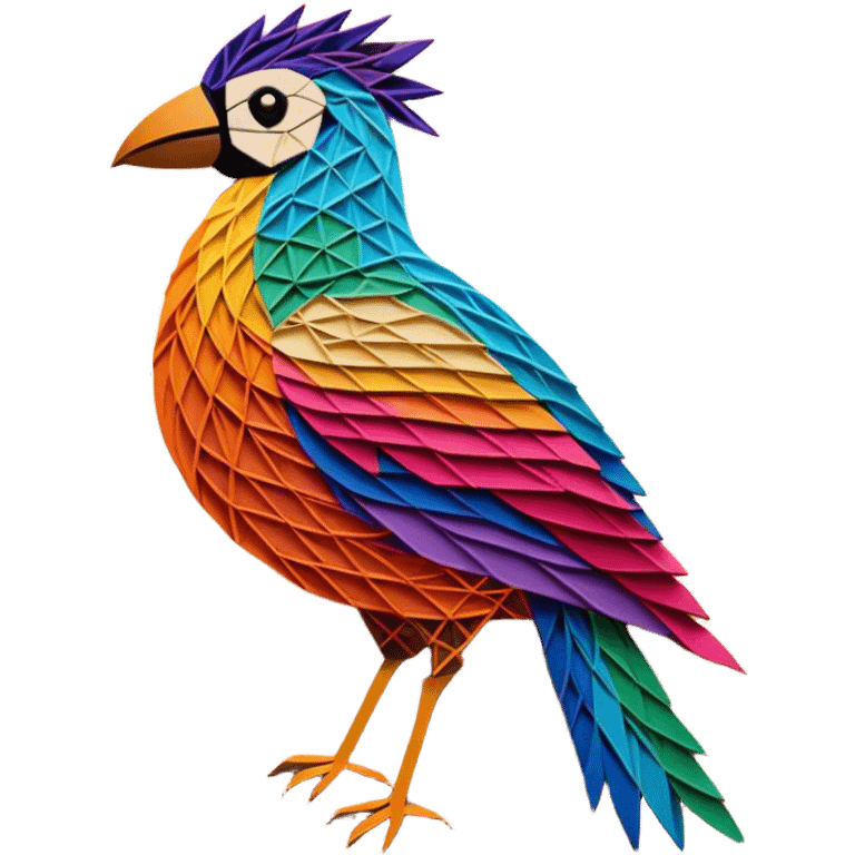 String art icon, large colorful bird in frontal view, geometric patterns made from threads, intricate design with pins on a board, vibrant colors, minimalistic style, clean lines, transparent background. emoji