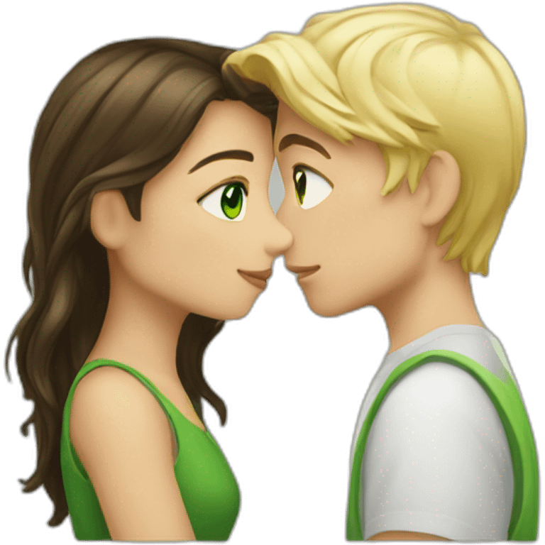 Blond boy Green  eye kissing brunette girl Green eye emoji